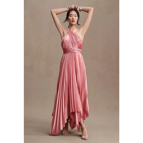 strapless open back dress Fuchsia Pink Pleated Halter Neck Gown
